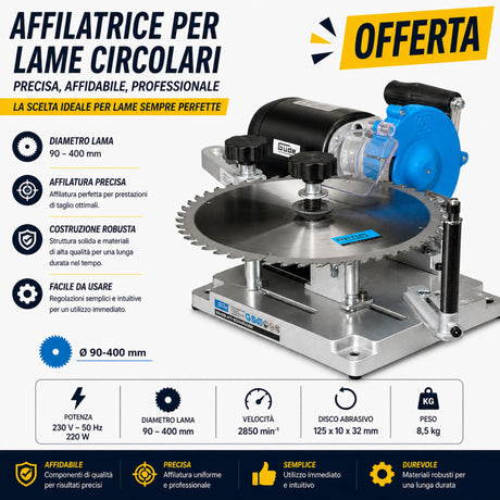 Affilatrice per lame Güde GSS-400, ideale per affilatura precisa di lame circolari con regolazione dell’angolo e funzionamento stabile per uso hobbistico e officina.