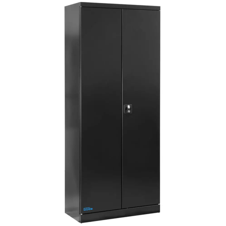 Armadio Guede TYPE B Black Line in acciaio nero satinato con 4 ripiani regolabili e ante a grande apertura, ideale per officine professionali.