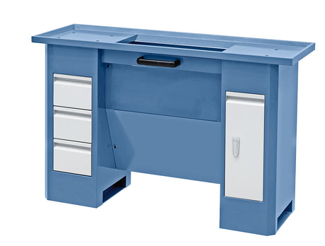 Banco di supporto Bernardo Stand D8 Deluxe in acciaio con finitura blu RAL 5014, dotato di cassetti e cassetto trucioli estraibile, ideale per torni Profi(center) 700.