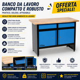 Banco da lavoro Güde GW 2/2 con capacità di carico fino a 300 kg, dotato di cassetti e ante per organizzare utensili e accessori in officina in modo pratico ed efficiente.