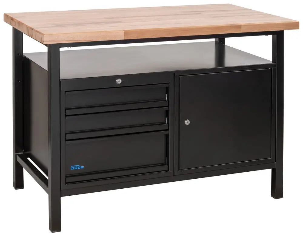 Banco da lavoro professionale Güde P 1200 SLT Black Line con piano in faggio massello, 3 cassetti bloccabili e vano chiuso con ripiani, ideale per officina.