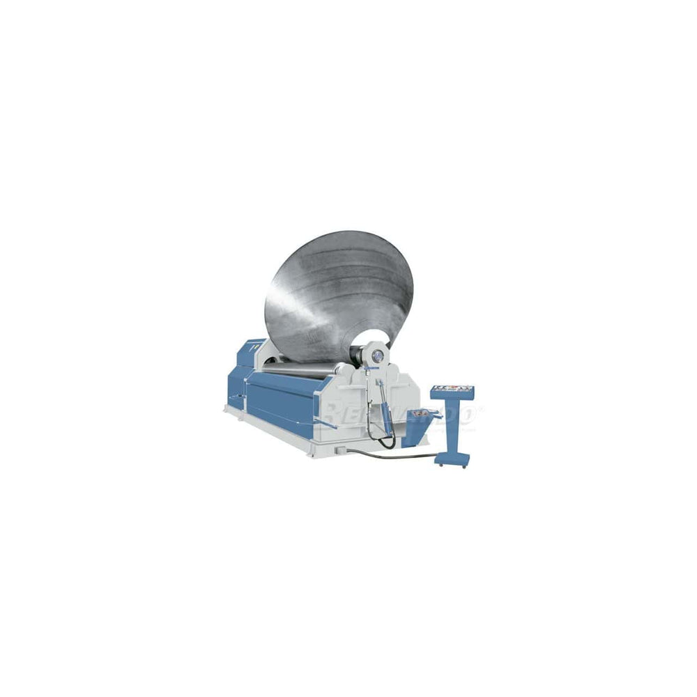 Calandra idraulica Bernardo AHS 4100 – 16,0 a 4 rulli, capacità 20 mm x 4100 mm, con motore da 15 kW e peso di 26 tonnellate.