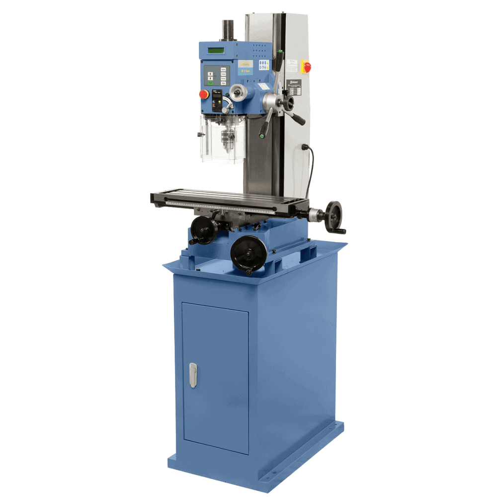 Trapano-fresatrice Bernardo BF 25 Super con tavola a croce 550 x 160 mm, testa inclinabile, velocità variabile continua e dotazione completa di accessori.