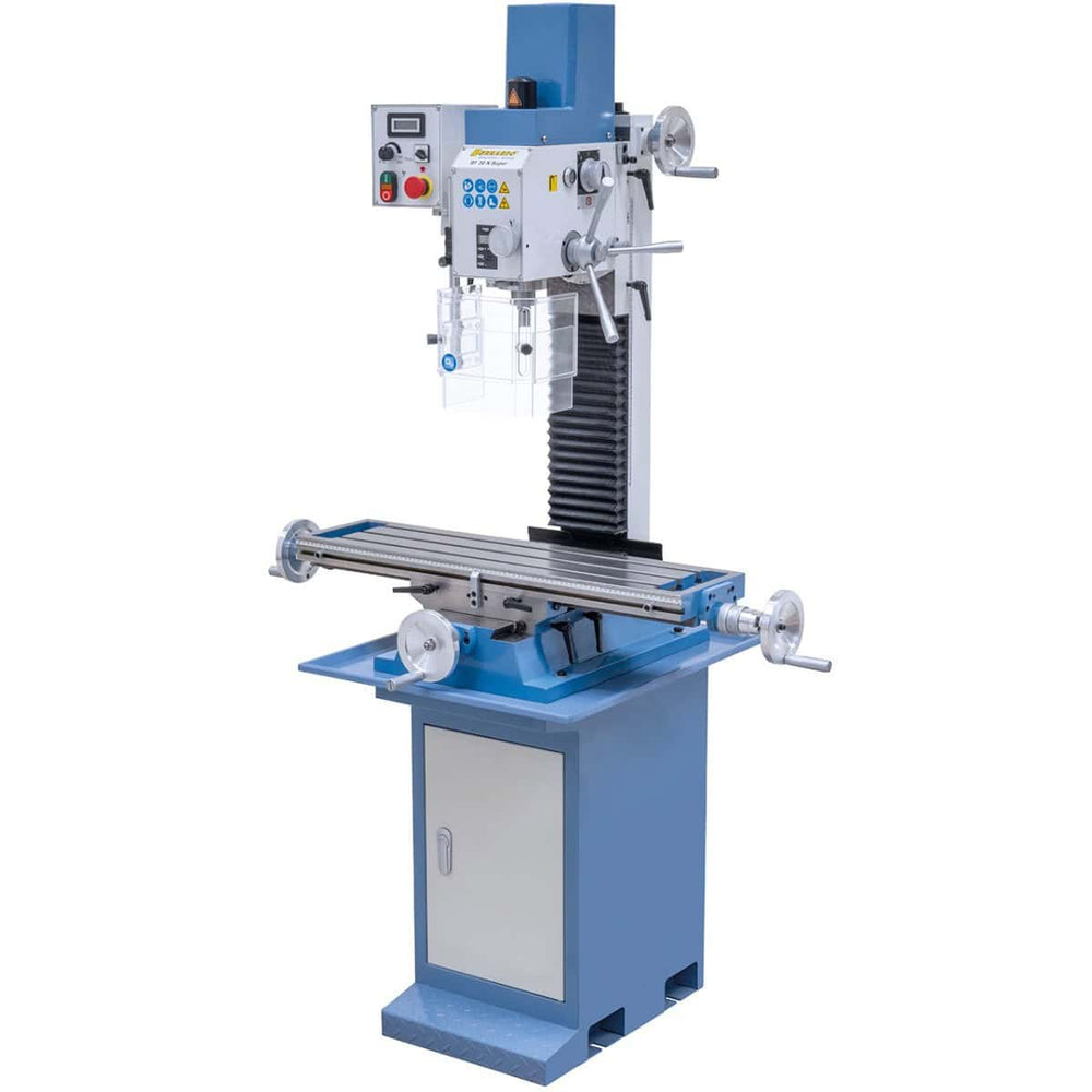 Trapano-fresatrice Bernardo BF 30 N Super con tavola a croce 840 x 210 mm, testa inclinabile ±90°, motore DC e indicatori digitali per velocità e corsa del mandrino.