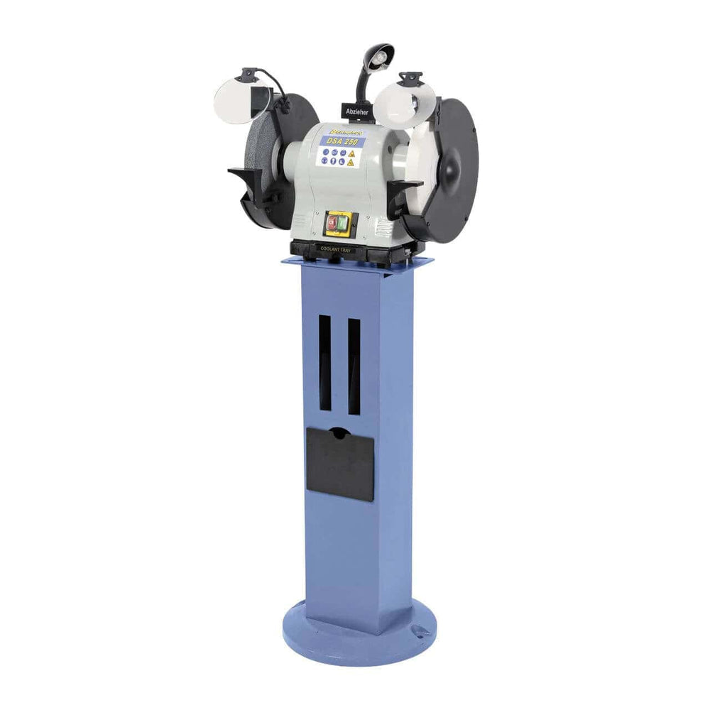 Smerigliatrice doppia Bernardo DSA 250 con due mole Ø250 mm, luce LED, serbatoio di raffreddamento e supporto pezzo.