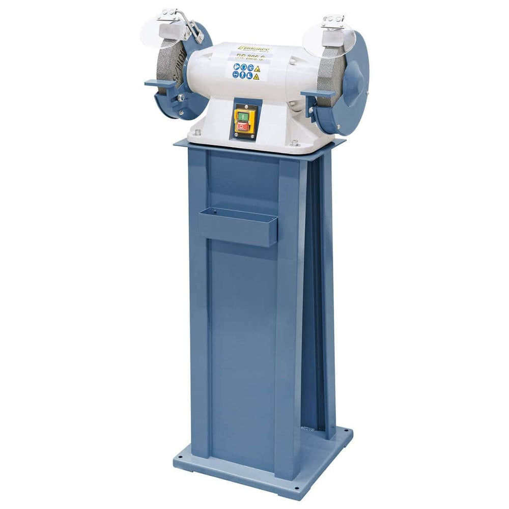 Smerigliatrice doppia Bernardo DS 200 S con due mole Ø200 mm K36/K80, supporti pezzo regolabili e protezioni scintille.