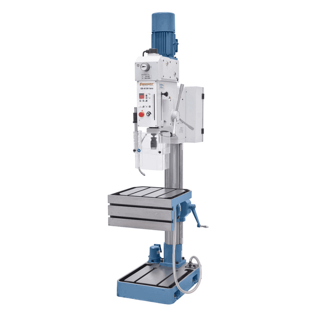 Trapano a colonna Bernardo GB 40 SN Vario con tavola inclinabile, due avanzamenti automatici, display digitale e pompa refrigerante integrata. Capacità di foratura fino a 40 mm.