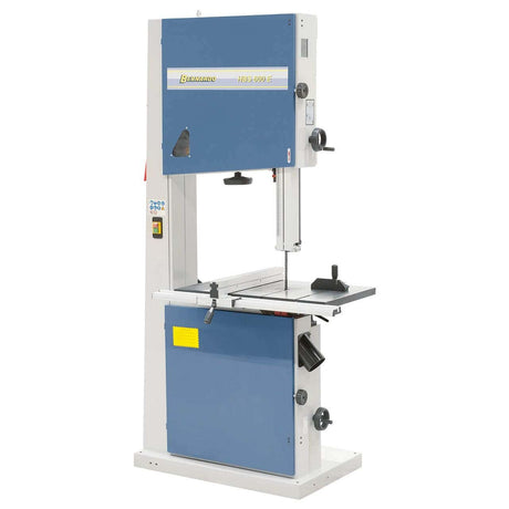 Sega a nastro per legno Bernardo HBS 600 E con capacità di taglio 600 × 430 mm, motore 3,5 kW e guida a 3 rulli di precisione.