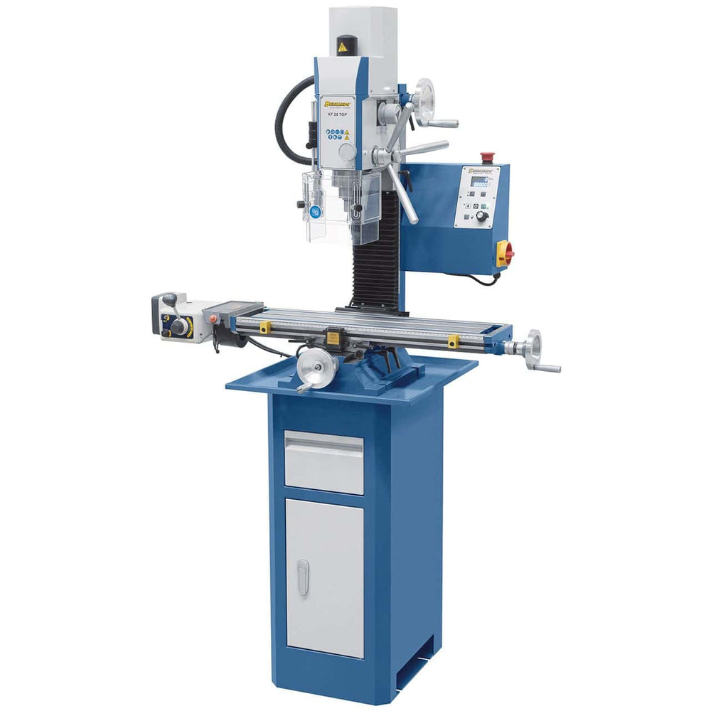 Trapano-fresatrice Bernardo KF 28 Top con tavola 700 x 180 mm, testa inclinabile ±90°, avanzamento automatico asse X e velocità variabile fino a 2600 rpm.