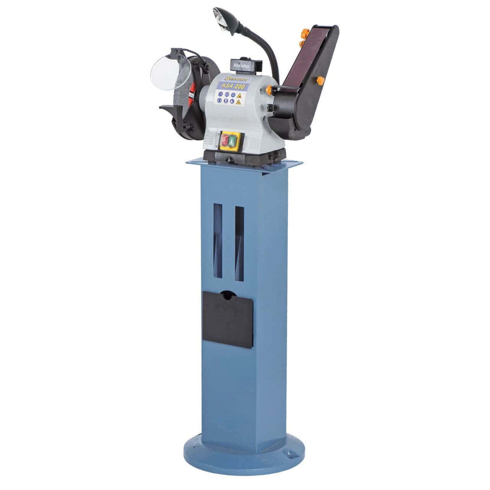 Smerigliatrice combinata Bernardo KSA 150 con mola Ø150 mm e nastro abrasivo 685 × 50 mm, luce LED e serbatoio integrato.