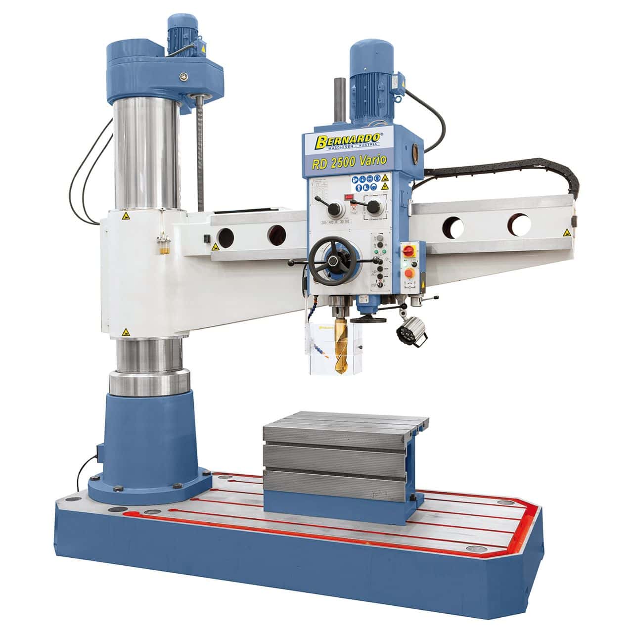 Trapano radiale Bernardo RD 2500 x 80 Vario con capacità di foratura Ø 80 mm, filettatura fino a M60, braccio 2100 mm, serraggi idraulici e dotazione completa per officine industriali.