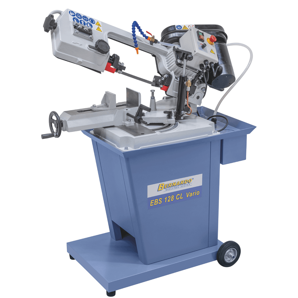 Sega a nastro Bernardo EBS 128 CL Vario / 230 V con velocità variabile, braccio inclinabile, refrigerazione e morsa rapida.