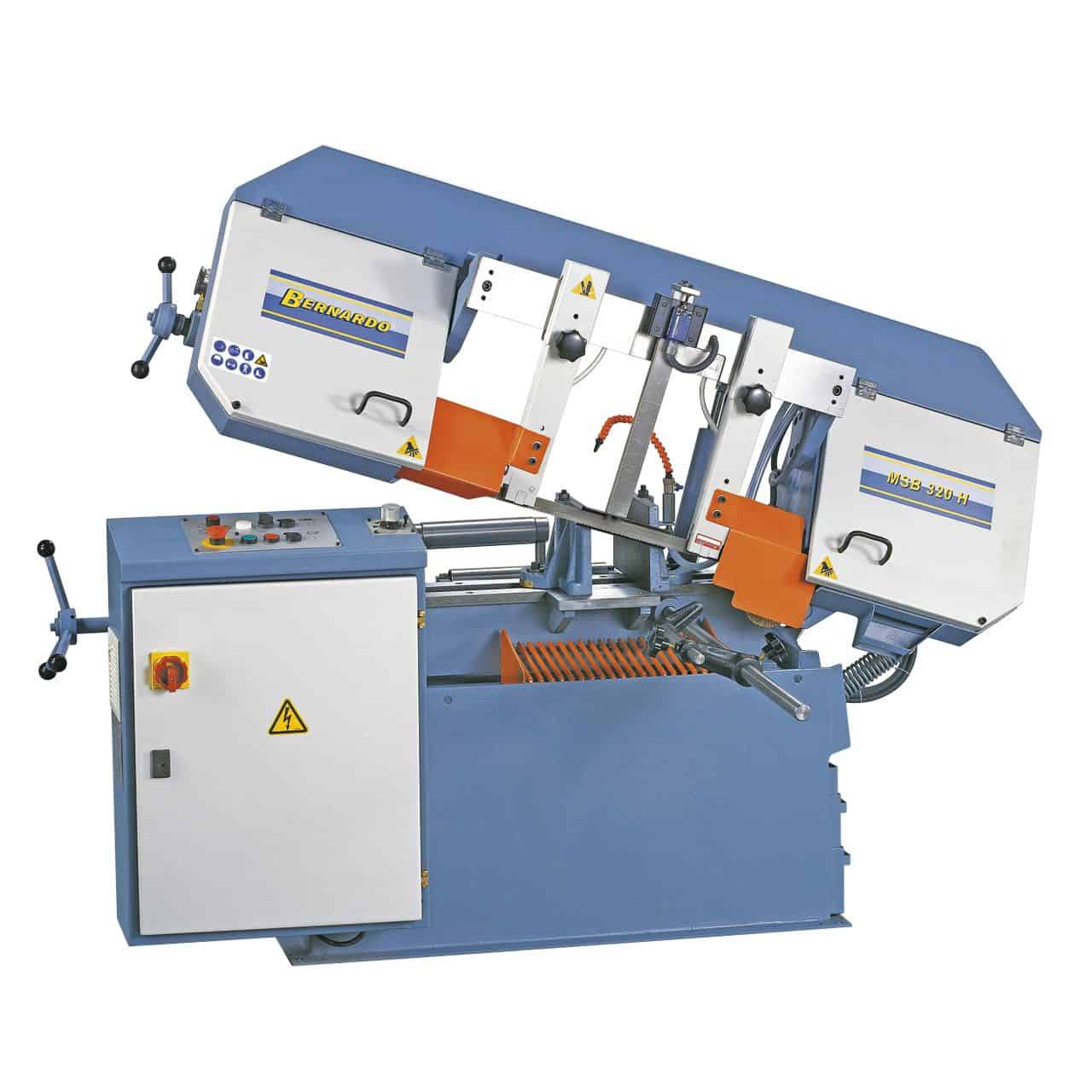 Sega a nastro semiautomatica Bernardo MSB 320 H con velocità variabile, controllo rottura lama e rullo integrato per pezzi lunghi.