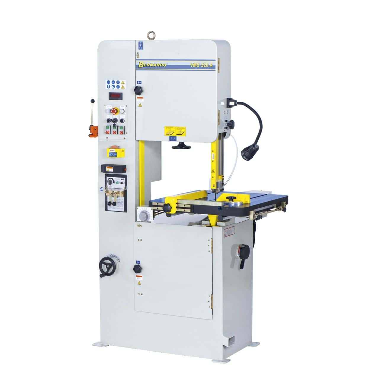 Sega a nastro verticale Bernardo VMS 520 A con tavolo in ghisa, velocità variabile, saldatrice per lame e display LED digitale.