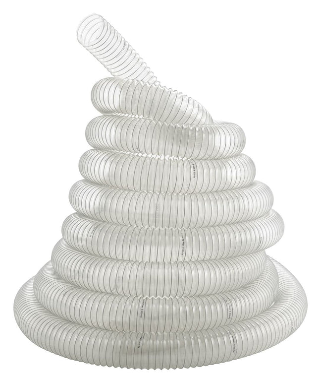 Tubo di aspirazione Bernardo Ø160 mm, lunghezza 6 m, in plastica trasparente con spirale in acciaio zincato, flessibile e resistente per impianti di aspirazione industriale.