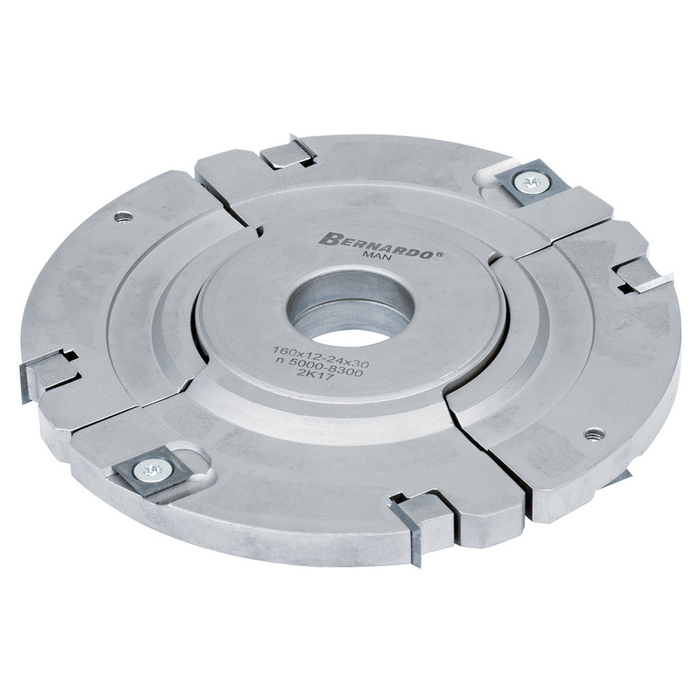 Testa regolabile Bernardo Ø160 mm in lega di alluminio con regolazione 12–24 mm, foro 30 mm e anello di battuta, ideale per fresature precise di scanalature e giunzioni su legno.