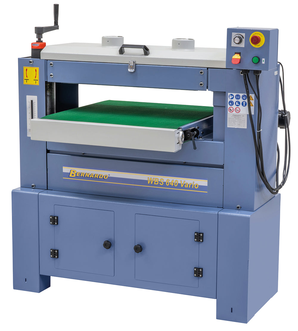 Calibratrice a rullo Bernardo WBS 640 Vario 230V / 400V con doppio rullo abrasivo, struttura in acciaio e regolazione digitale dell’altezza per lavorazioni di precisione.