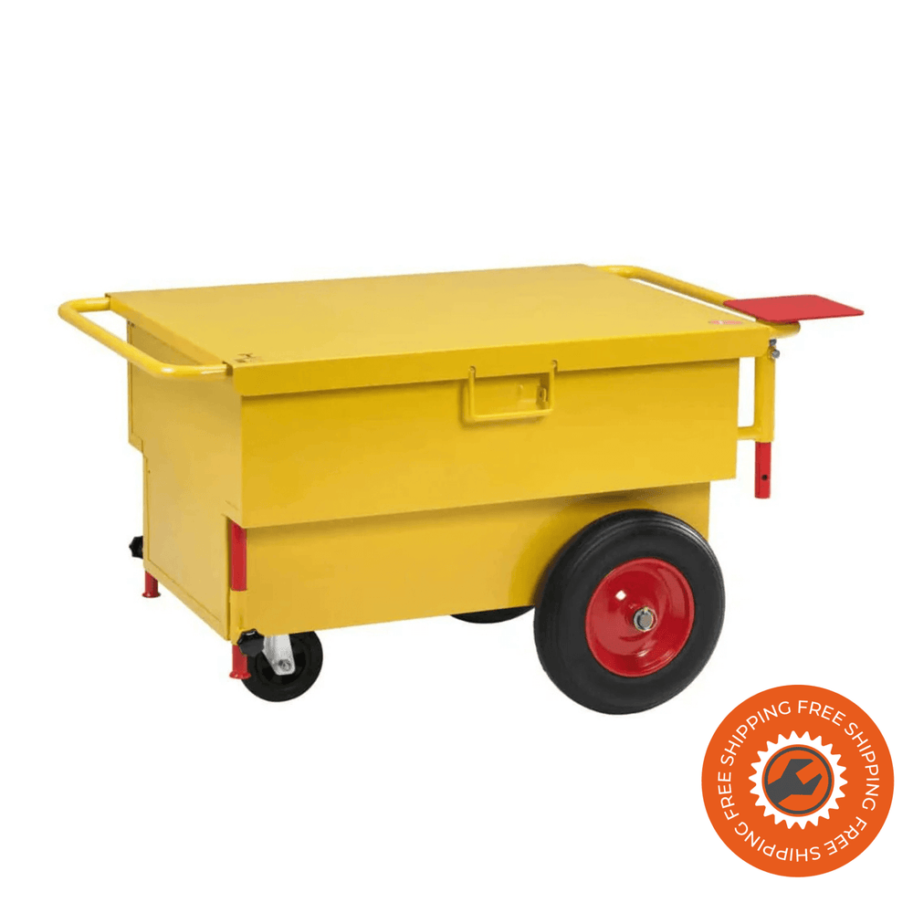 Il carrello Ravendo XL UT 300 M con contenitore da 300 litri, ruote solide 4.00 x 8 con cerchi in acciaio e cuscinetti a rulli, ideale per trasporto efficiente e sicuro di carichi voluminosi fino a 400 kg.