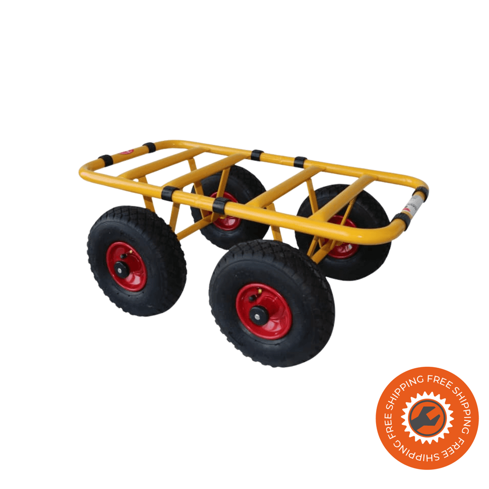 Carrello Ravendo TD 300-4W in acciaio giallo con piano antiscivolo e ruote pneumatiche Ø3.00 x 4/4, ideale per il trasporto di carichi fino a 300 kg.