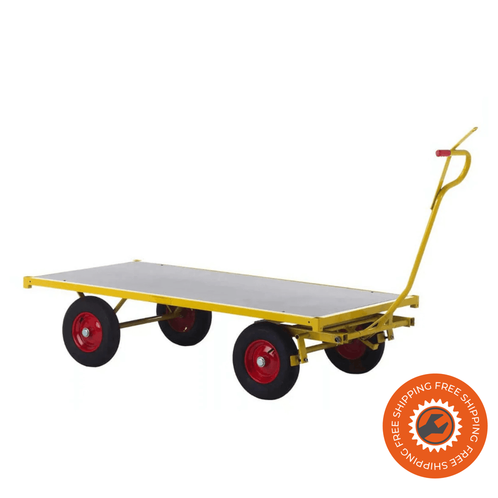 Carrello Ravendo TW 2000 in acciaio giallo con piano in legno e ruote pneumatiche Ø 4.00 x 8/6, perfetto per il trasporto di carichi fino a 1200 kg.
