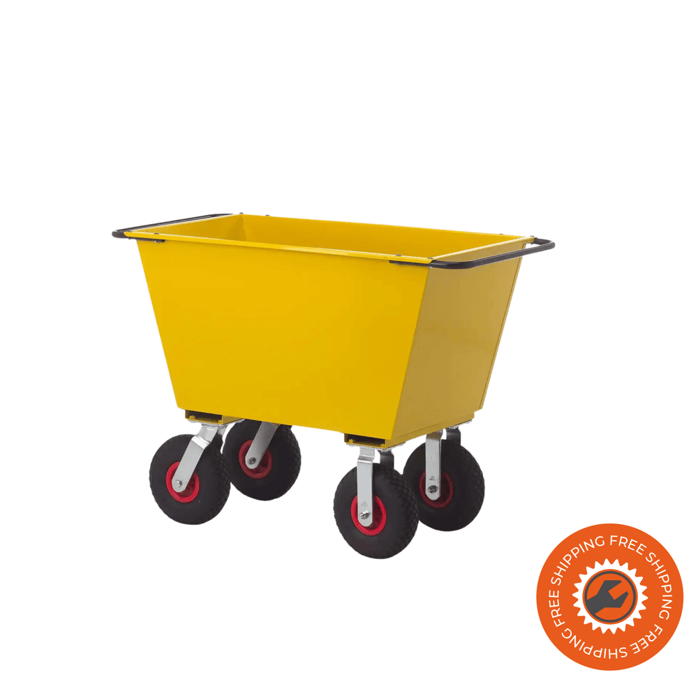 Carrello agricolo Ravendo FW 300-4L in acciaio verniciato a polvere, 300 L di capacità, ruote pneumatiche e maniglione ergonomico.