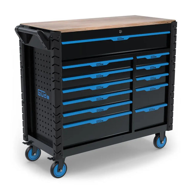 Carrello portautensili Güde GW 12S con banco da lavoro in legno di gomma, 12 cassetti soft-close e struttura in acciaio, ideale per officina professionale.