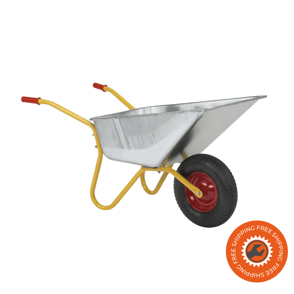 Carriola Ravendo BD 1104 con vasca da 110 litri e ruota pneumatica con cerchi in acciaio, ideale per lavori intensivi in giardino ed edilizia.
