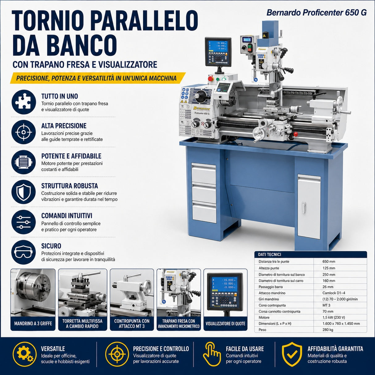 Tornio per metallo Bernardo fresatrice Proficenter 650 G con DRO 2 assi