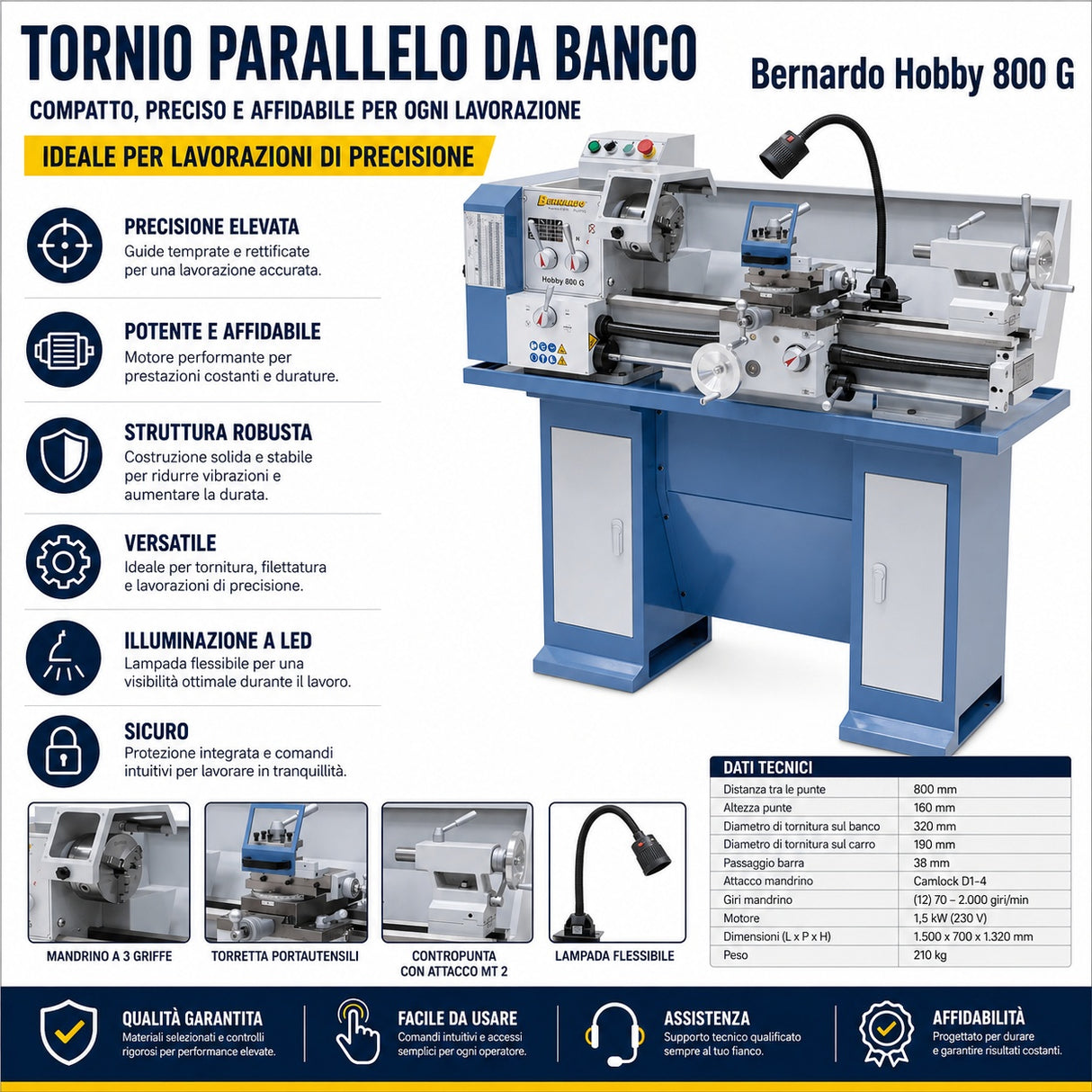 Tornio Bernardo Hobby 800 G / 230 V – Compatto e preciso