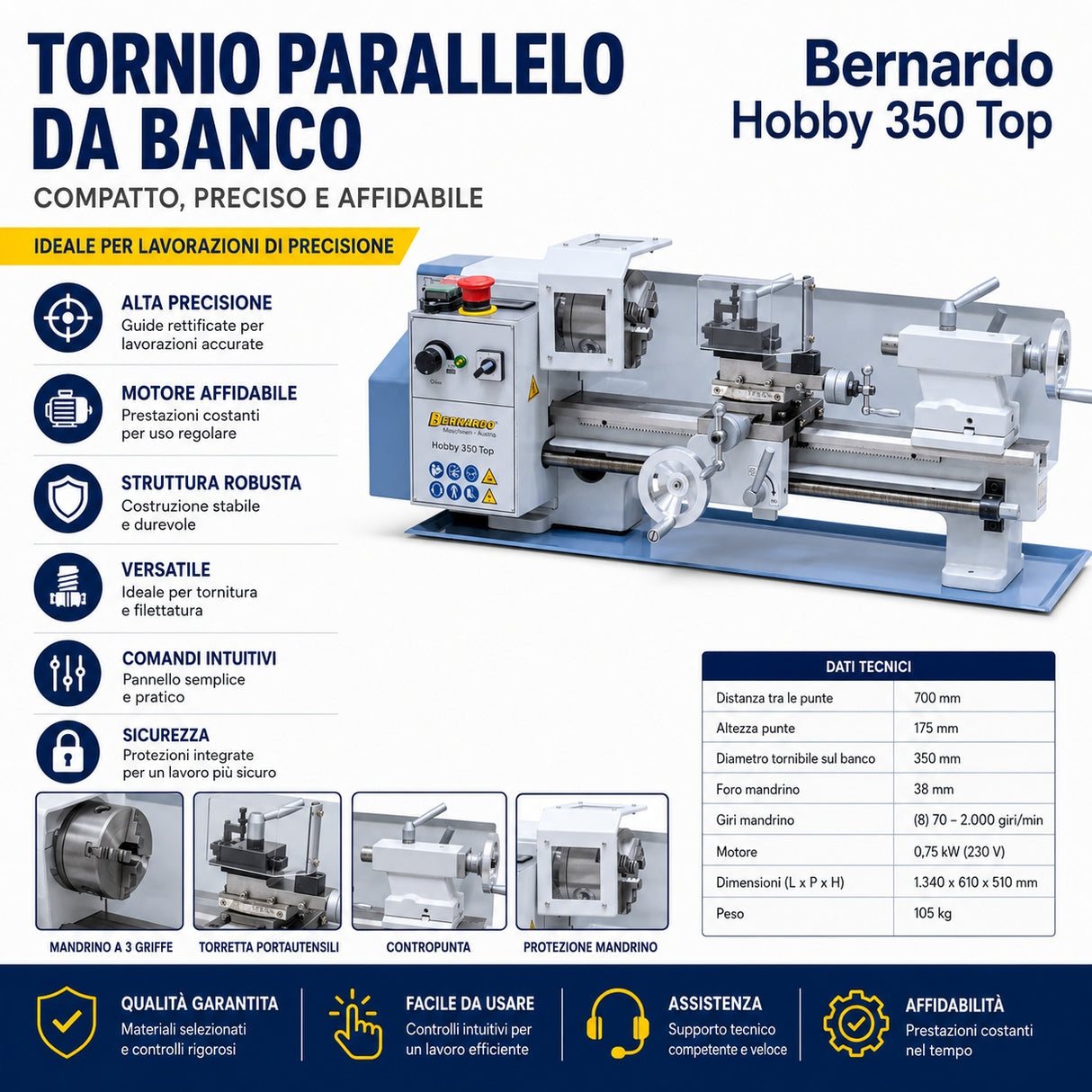 Tornio per metallo Bernardo Hobby 350 Top compatto 230 V