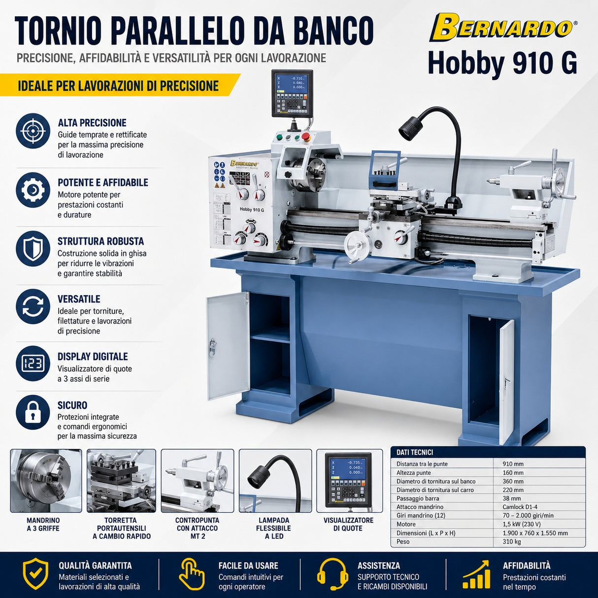 Tornio per metallo Bernardo Hobby 910 G 230V / 400V con DRO a 3 assi ES-12 V