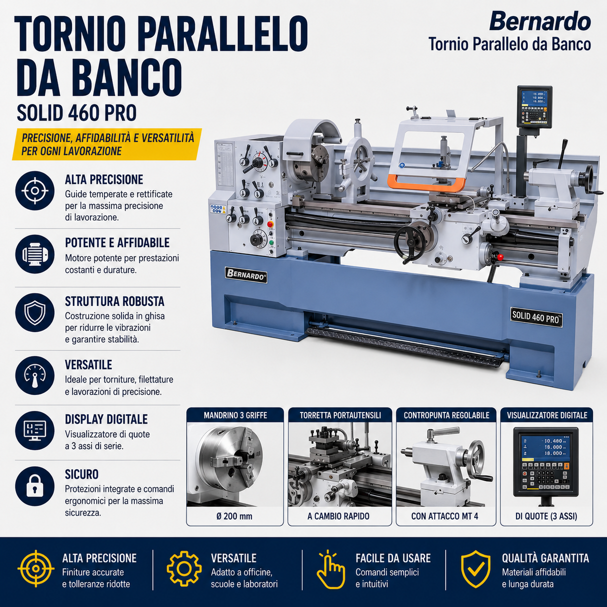 Tornio per metallo Bernardo Solid 460 x 2000 Pro con visualizzatore digitale 3 assi