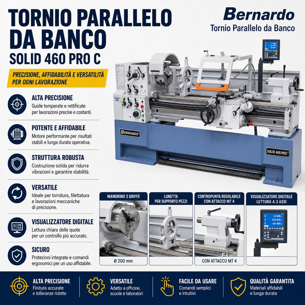 Tornio per metallo Bernardo Solid 460 x 1500 Pro con visualizzatore digitale 3 assi