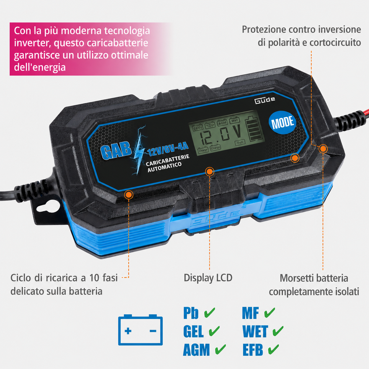 Caricabatterie automatico Güde GAB 12V/6V-4A