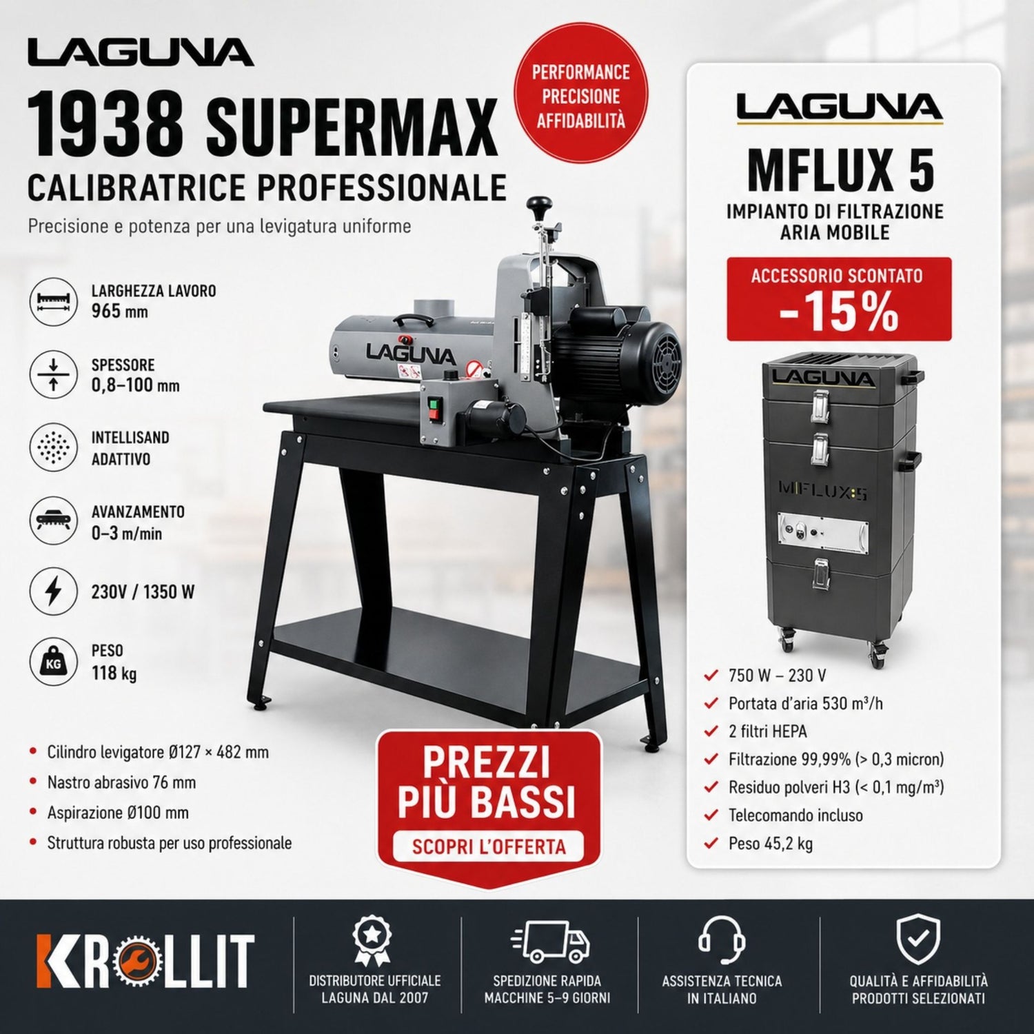 Larghezza 965 mm con Intellisand + Filtrazione HEPA 530 m³/h – Levigatura uniforme e aria salubre integrati
