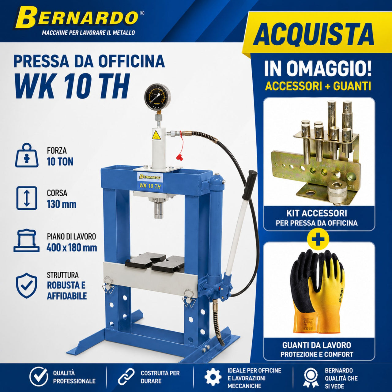 Pressa da officina Bernardo WK 10 TH in versione combo, ideale per operazioni di pressatura, assemblaggio e manutenzione meccanica in officina.