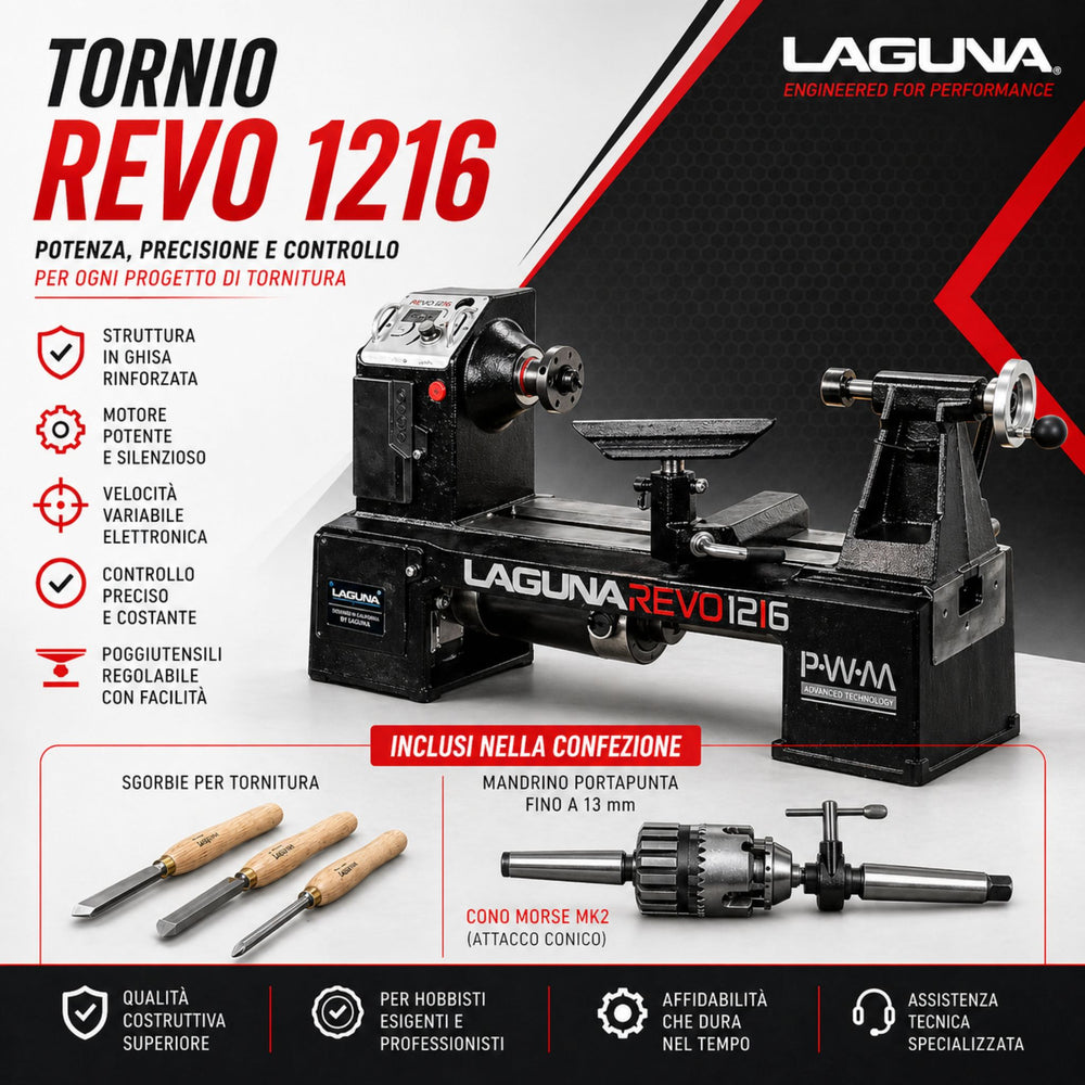 Combo Tornio Laguna Revo 1216 per lavorazioni di tornitura su legno, progettato per offrire precisione, controllo della velocità variabile e stabilità anche su pezzi di medie dimensioni.