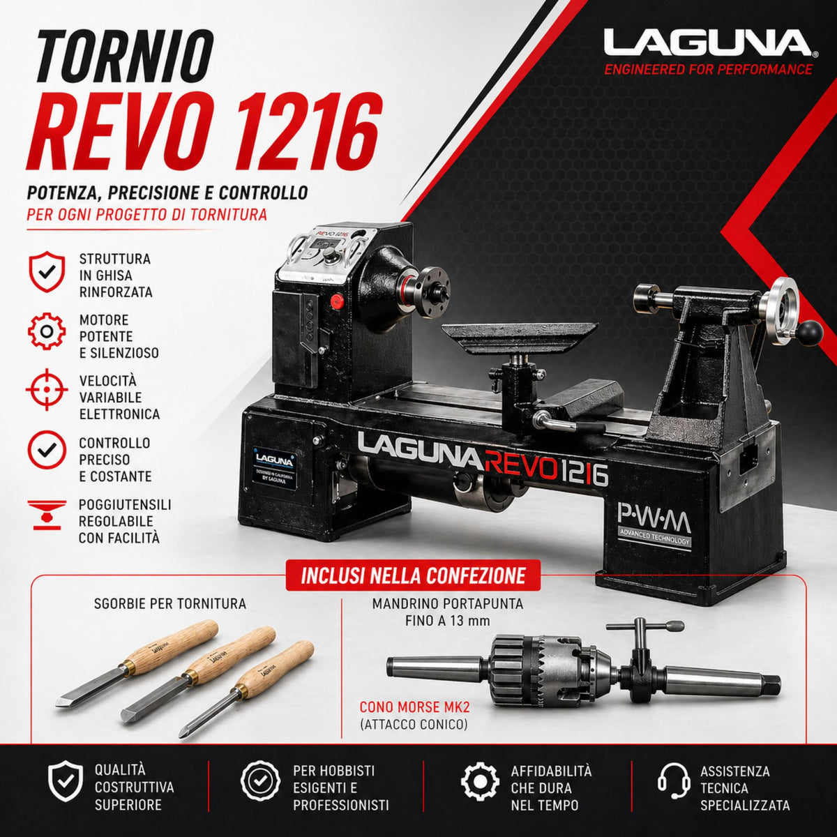 Combo Tornio Laguna Revo 1216 per lavorazioni di tornitura su legno, progettato per offrire precisione, controllo della velocità variabile e stabilità anche su pezzi di medie dimensioni.