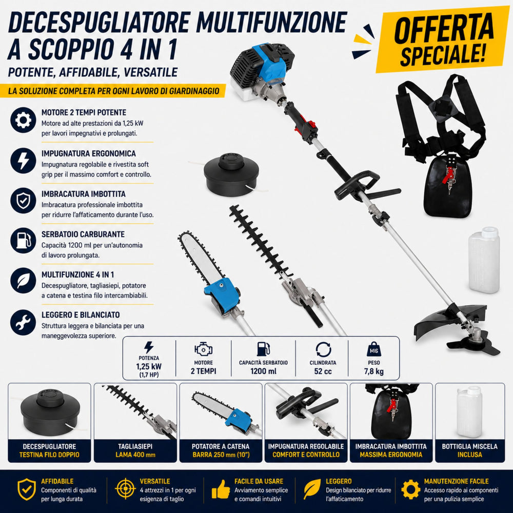 Decespugliatore multifunzione Güde GPS 1001 4in1 con motore 2 tempi da 1,2 kW, completo di 4 attrezzi intercambiabili, ideale per taglio erba, potatura e manutenzione del verde.