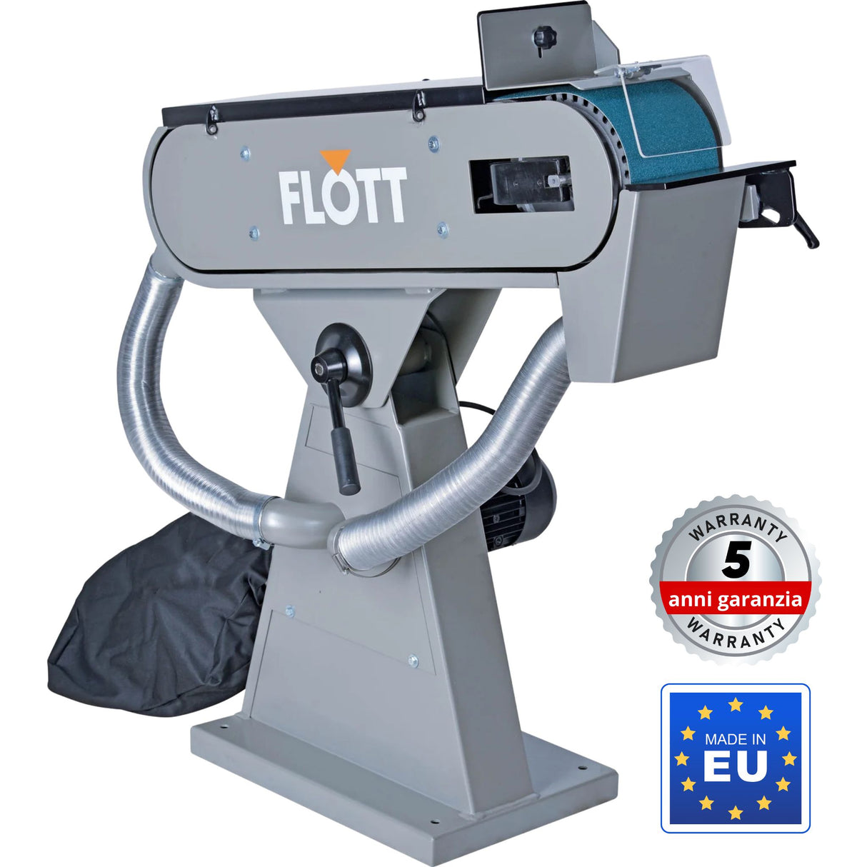 Levigatrice a nastro per metallo Flott BSM 150 A 400 V con aspirazione integrata, motore 3,75 kW e nastro abrasivo da 2000 × 150 mm.