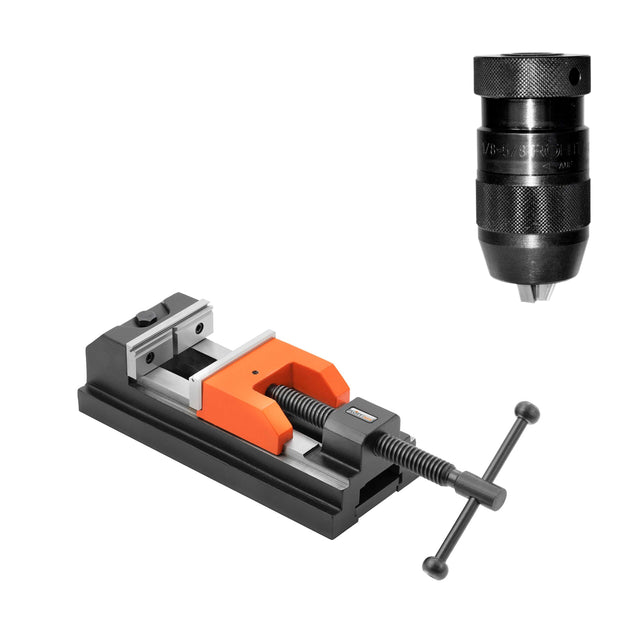 Set di foratura Flott composto da morsa felix 2.0 80 mm e mandrino autoserrante B16 1–13 mm, ideale per lavorazioni precise su trapani a colonna.