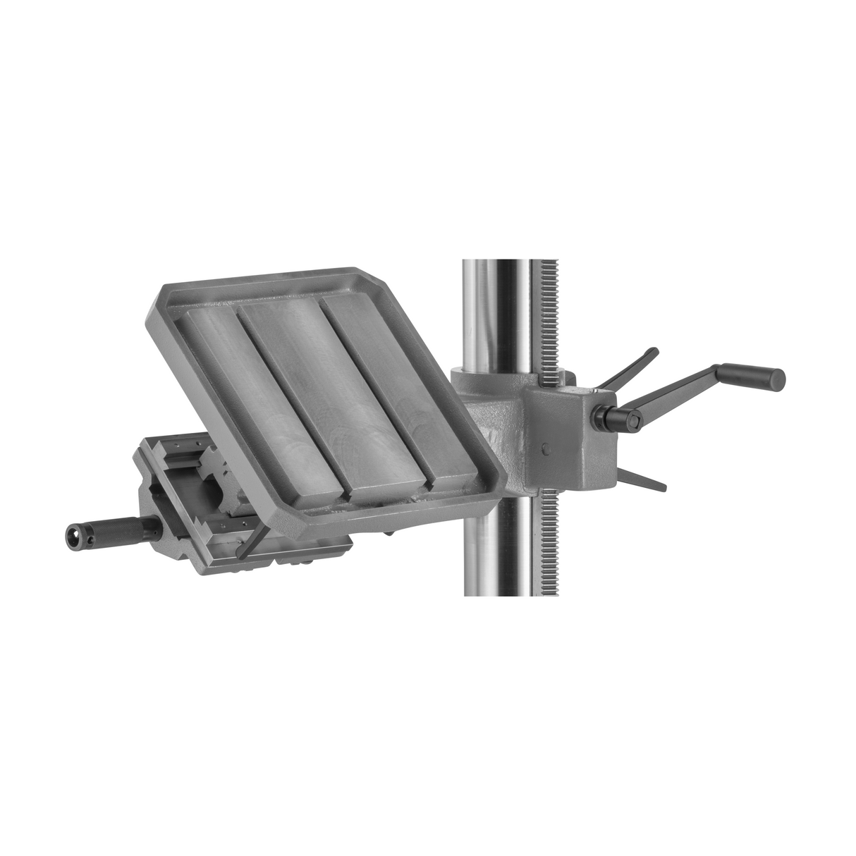 Tavolo quadrato Flott da 350×350 mm, rotazione 360° e morsa integrata da 120 mm, compatibile con trapani a colonna con colonna Ø125 mm.