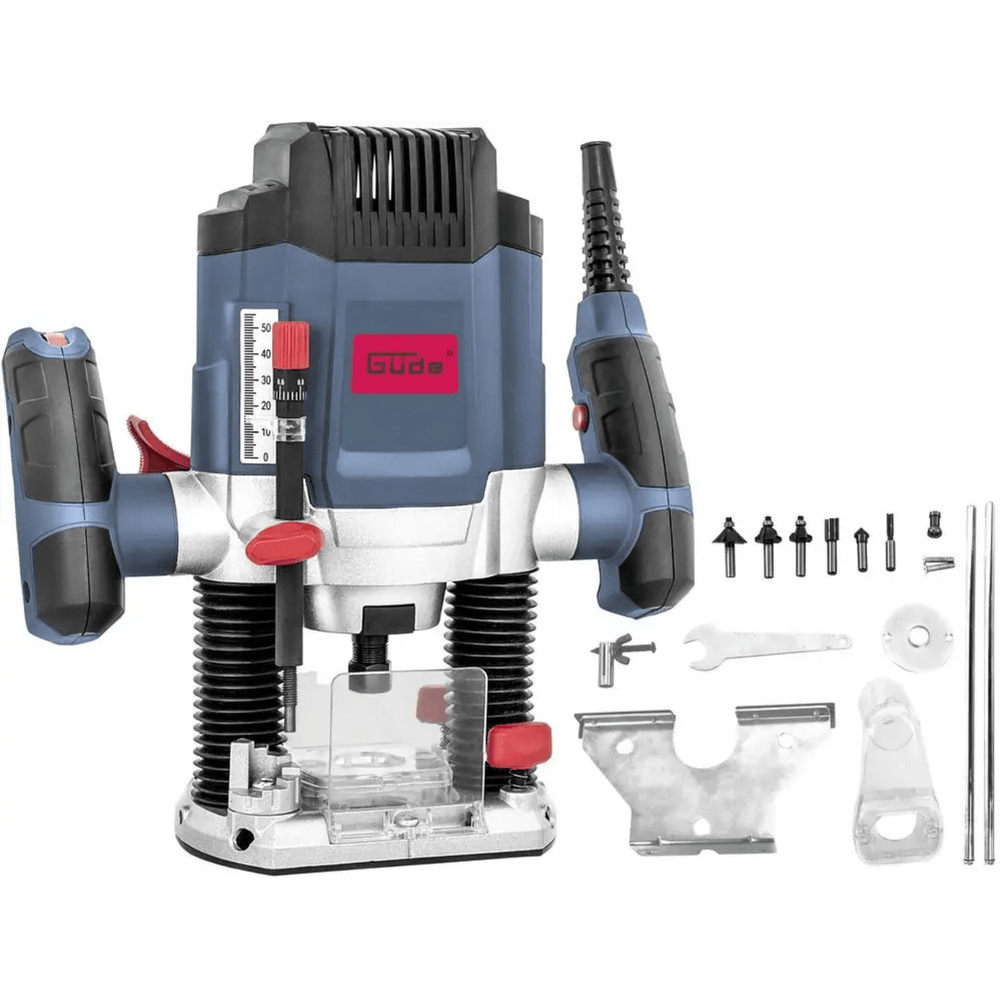 Fresatrice Guede OF 1200 E da 1200 W con guida parallela, regolazione fine e velocità variabile, ideale per lavori di precisione su legno e pannelli.