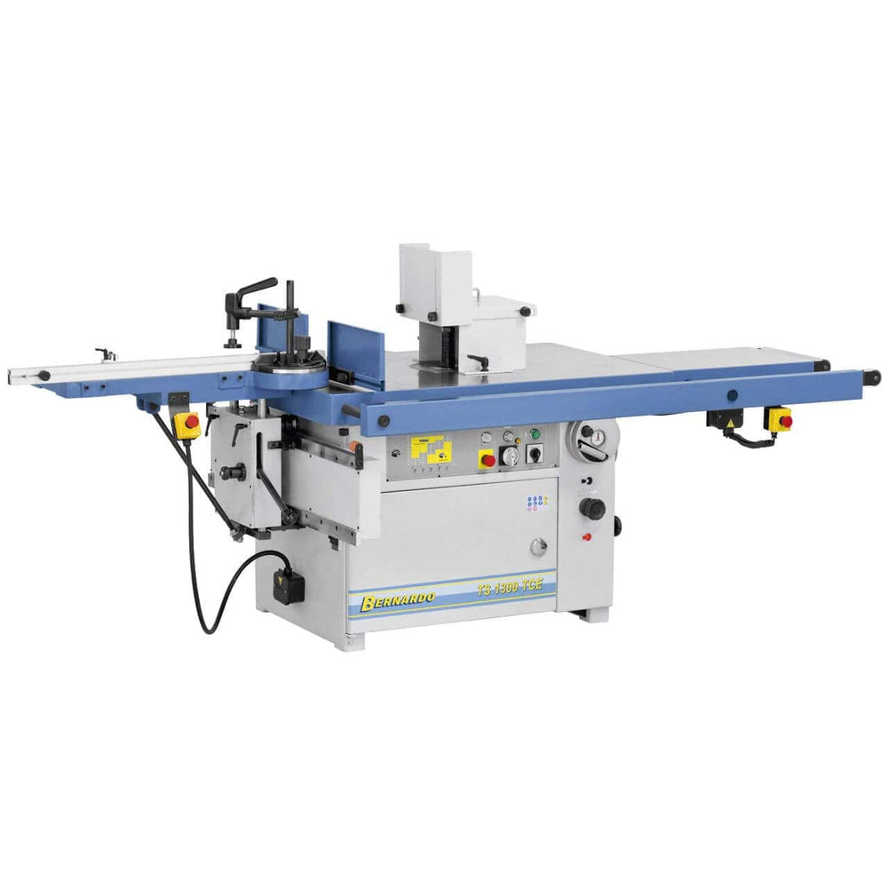 Vista della fresatrice TS 1300 TCE con ampio tavolo in ghisa, carro per tenonatura integrato, supporti estraibili e motore da 5,5 kW per lavorazioni di precisione su pezzi grandi.