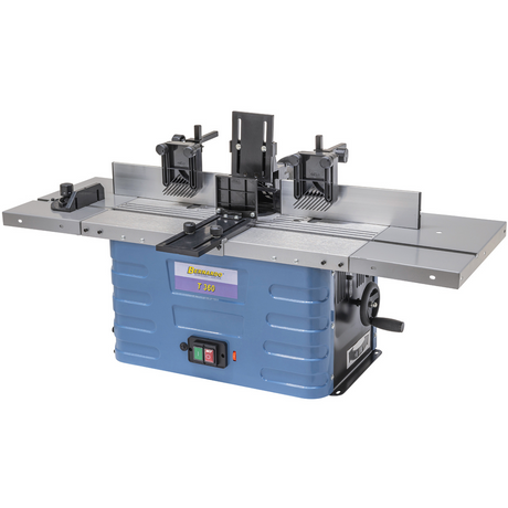  Fresatrice da banco compatta T 360 per lavorazioni su legno con estensioni laterali e regolazione continua della velocità. Ideale per studenti e artigiani.