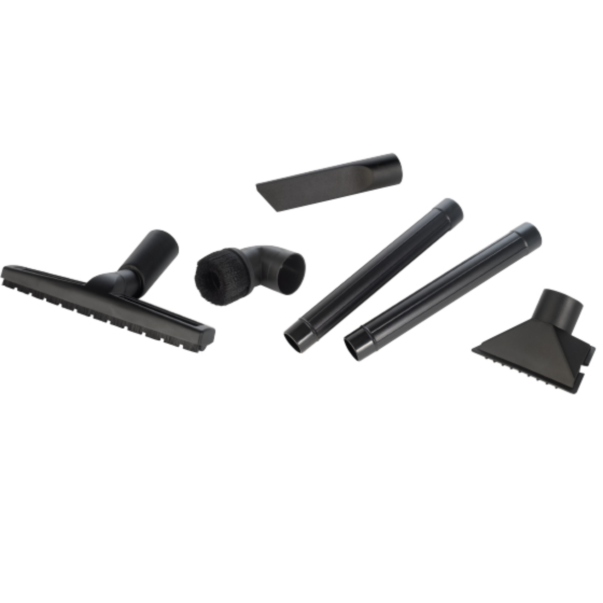 Kit di pulizia per officina con accessori da 2,5 pollici: bocchetta per pavimenti con ruote, tubi di prolunga, lancia per fessure, ugello multiuso e spazzola rotonda antipolvere.