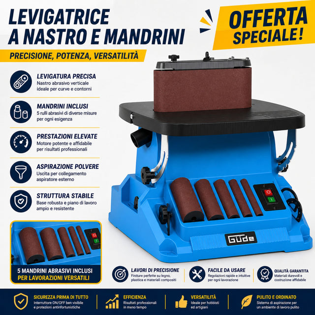 Levigatrice a mandrino oscillante Güde GSBSM 500 da 500W, ideale per levigatura precisa di bordi curvi, sagome e lavorazioni su legno con finitura uniforme.