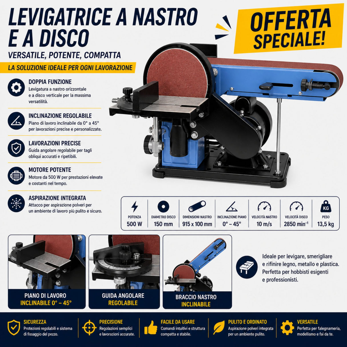 Levigatrice combinata a nastro e disco Güde GBTS 400 da 350W con disco Ø150 mm, ideale per levigatura, rifinitura e sagomatura precisa di legno e altri materiali.