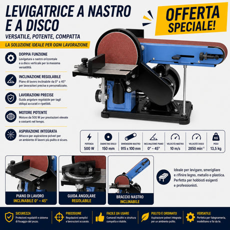 Levigatrice combinata a nastro e disco Güde GBTS 400 da 350W con disco Ø150 mm, ideale per levigatura, rifinitura e sagomatura precisa di legno e altri materiali.