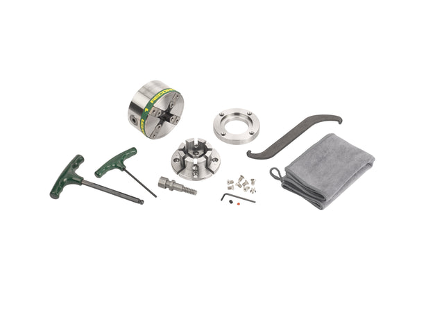 Mandrino professionale Record Power Victory con attacco 1”1/4 x 8 TPI DT, completo di ganasce modulari VersaLock da 50 mm, anello flangia e accessori.